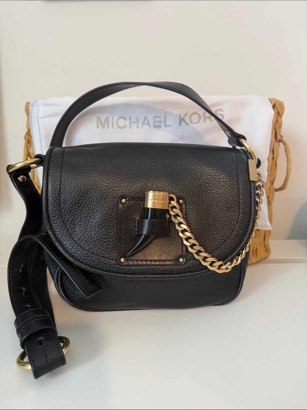 Michael Kors Black Leather Shoulder Bag with Gold Chain Accent